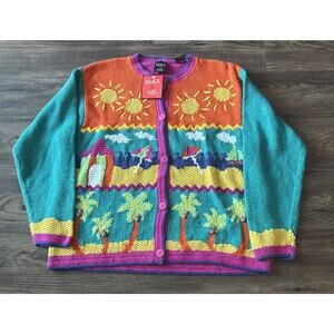 Vintage Mike & Me Tropical Colorful Beach 90’s Cardigan Sweater Size Large NWT
